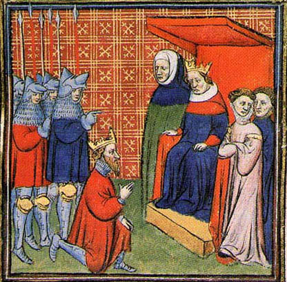John Balliol, King of Scotland, offers homage to King Edward I of England, 1292. Chroniques de France ou de St Denis, illuminated manuscript, c.1400
