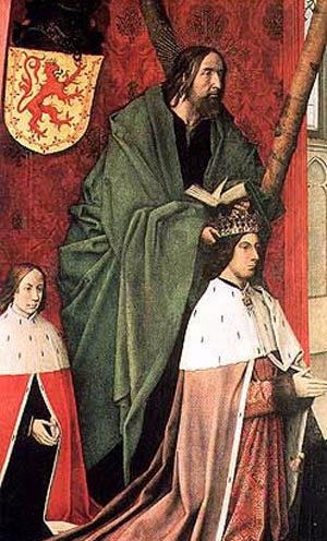 James III, St Andrew behind him, from the Trinity Altar Panels, Hugo van der Goes (d.1482). Oil on panel, 1478