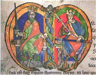 David I and Malcolm IV, from the Kelso Abbey Charter, illuminated initial, 1159