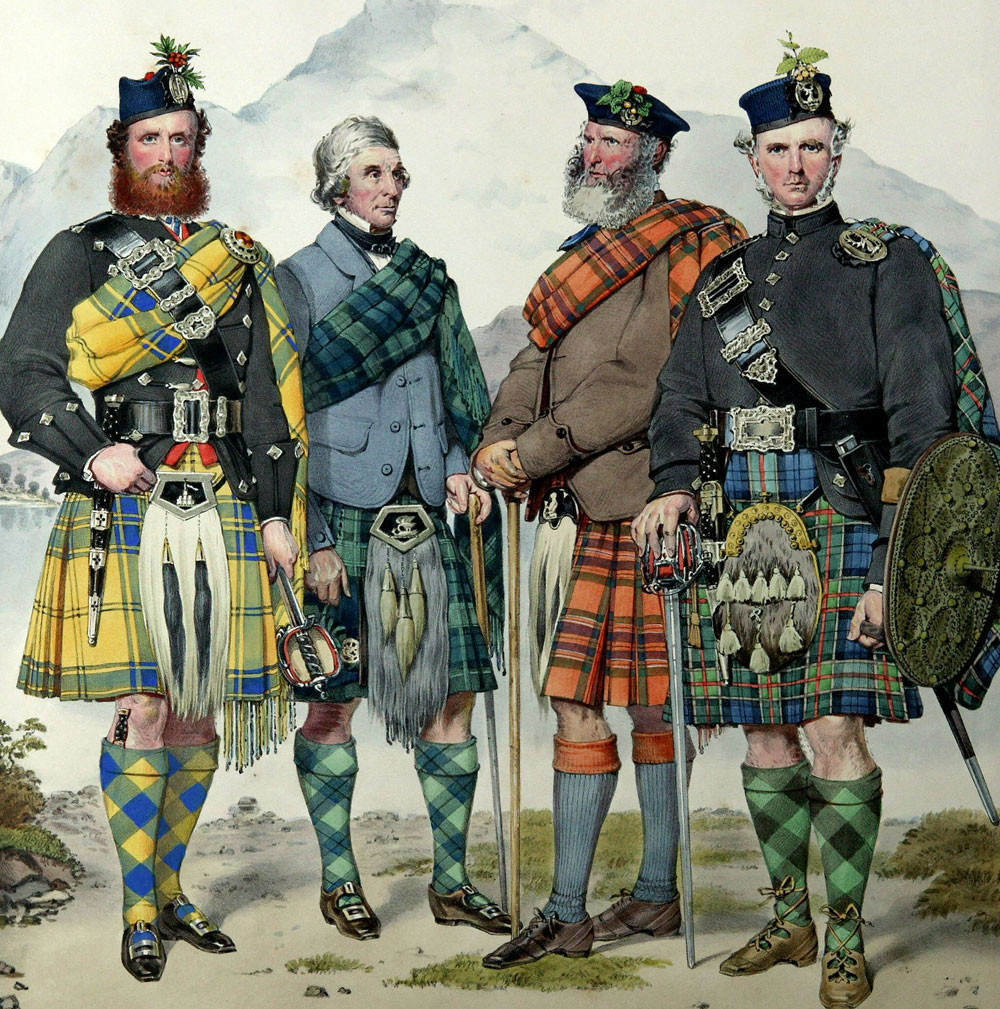 MacIan print of Highlanders wearing kilts and plaids separately.